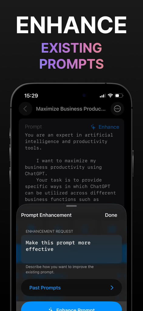 PromptKit: AI Helper - PromptKit app interface showing the AI prompt enhancement tool to refine and improve existing prompts.