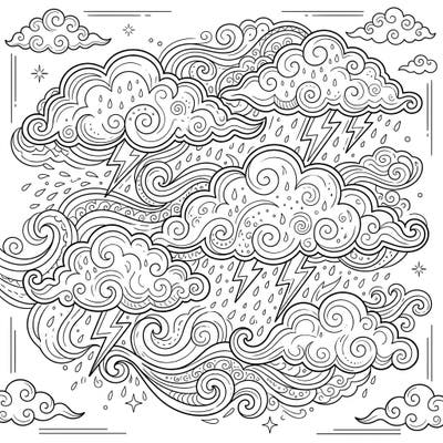 Discover tranquility with this stunning soft thunder coloring page, thoughtfully designed for adult colorists. Dive into a detailed world of swirling clouds, gentle rain, and stylized lightning for a uniquely calming creative experience.