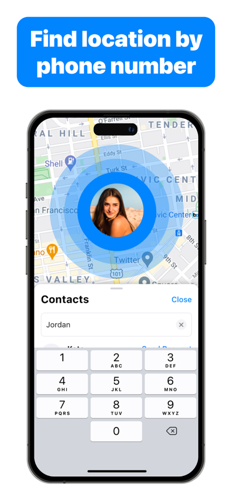 iTrack 앱 인터페이스가 거리 지도에서 전화번호로 실시간 위치 추적을 보여줌