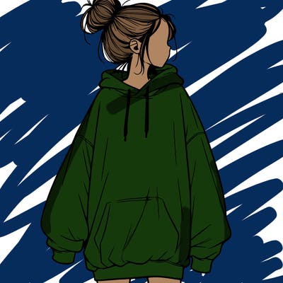 realistic girl with a oversized sweatshirt on and a bun