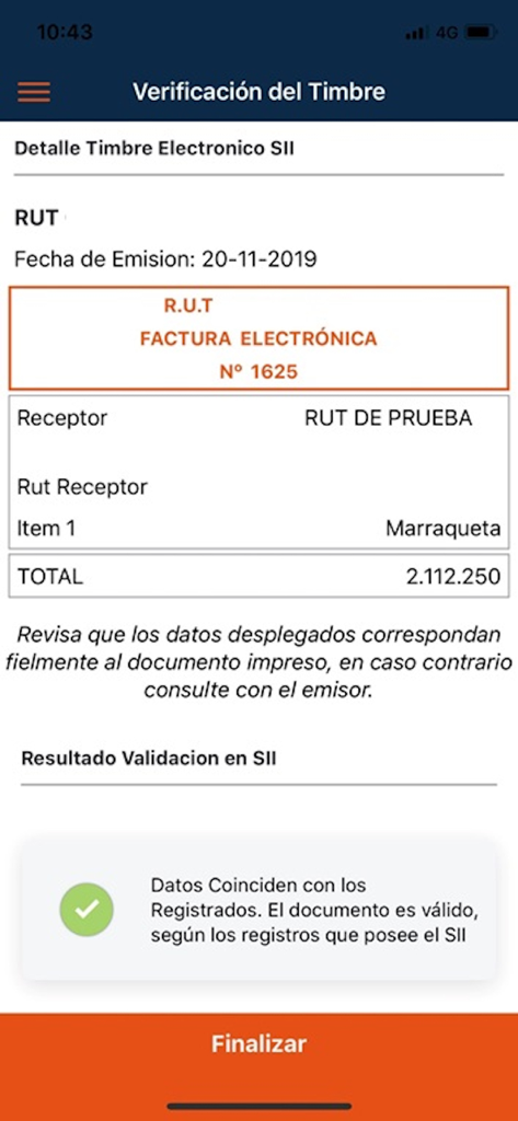 Pantalla móvil que muestra una factura electrónica verificada con éxito en la aplicación e-Factura