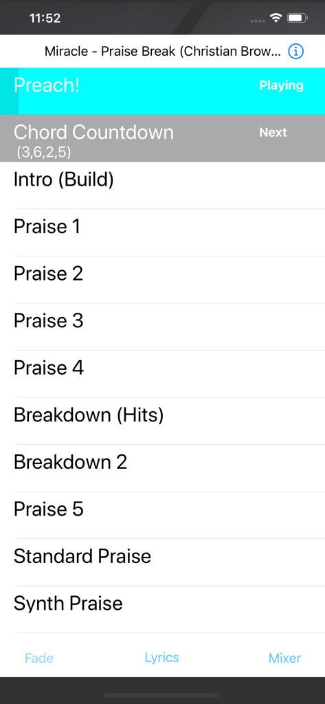 Interface of Worship Remote app showing live song parts and playback status