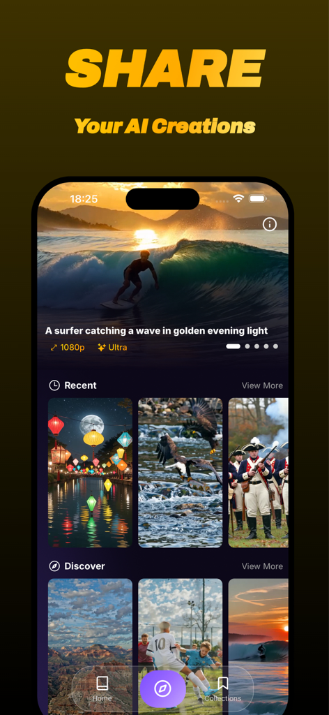 Interfaz de la app Vidmo mostrando un feed de descubrimiento y una galería de creaciones de video generadas por IA.