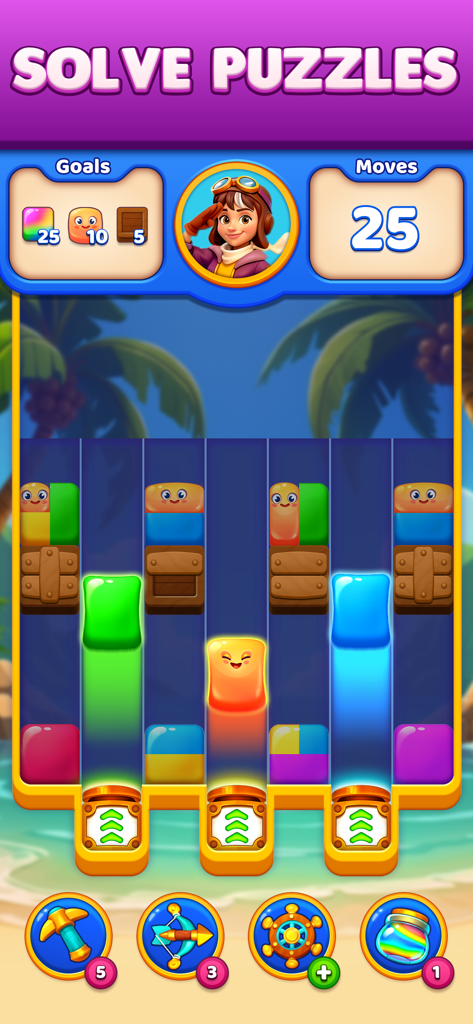 What the Jelly? - Captura de pantalla de la jugabilidad de la aplicación What the Jelly que muestra un colorido nivel de puzle de bloques con un fondo de playa tropical