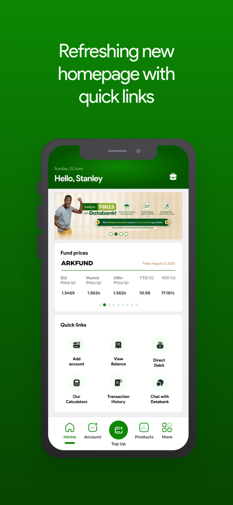 Databank Group mobile app homepage displaying investment fund prices and quick access links.