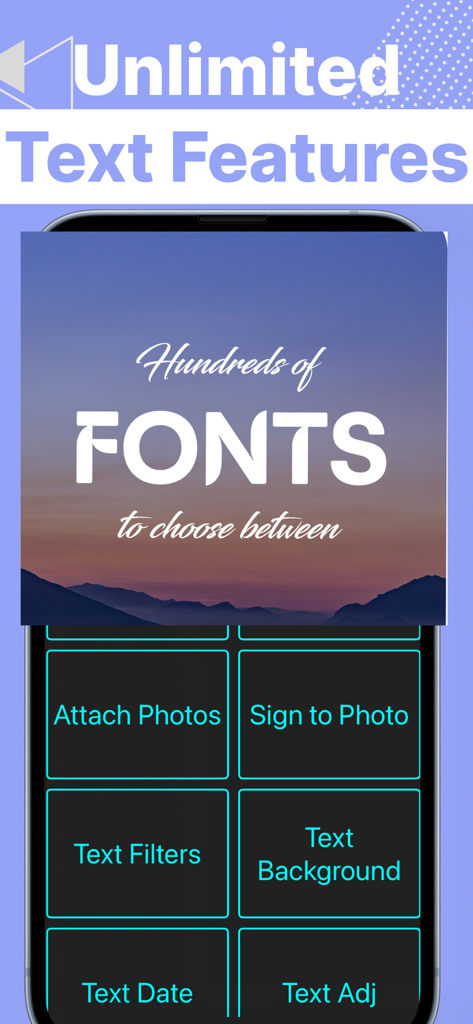 Write on Photos: Text on photo - Captura de pantalla de la interfaz de la aplicación Escribe en Fotos mostrando características de texto ilimitadas y una amplia variedad de opciones de fuentes para la edición en redes sociales.
