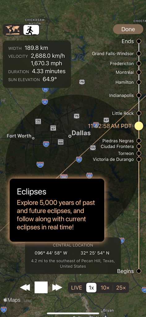 Luminos Pro - Luminos Proアプリのインターフェースには、テキサス州ダラスの地図上に日食の経路とデータが表示されています