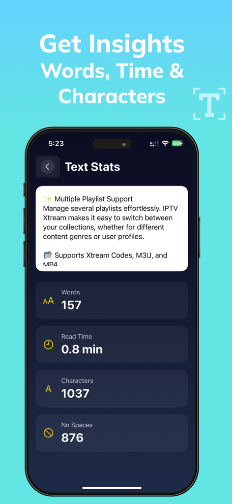 ReadLoud: Scan Image to Text - Smartphone screen showing text statistics including word count and reading time in the ReadLoud OCR app