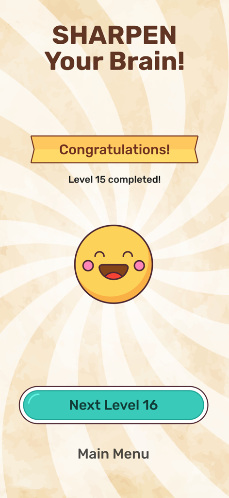A congratulatory screen in Connect Word Association Game showing level 15 completion with a happy emoji and a brain sharpening message.