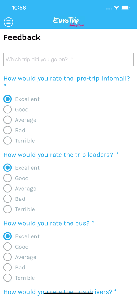 EuroTrip Adventures - EuroTrip Adventures App-Feedback-Bildschirm zur Bewertung von Reiseleitern und Logistik
