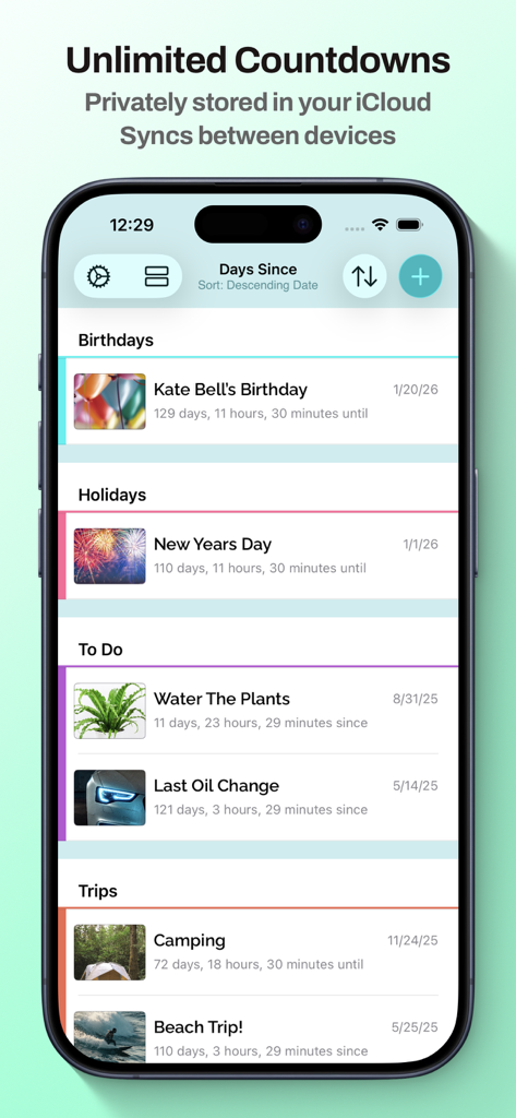 Countdown Days Since & Until - Interface of the Countdown app showing a list of events organized by categories like birthdays and trips