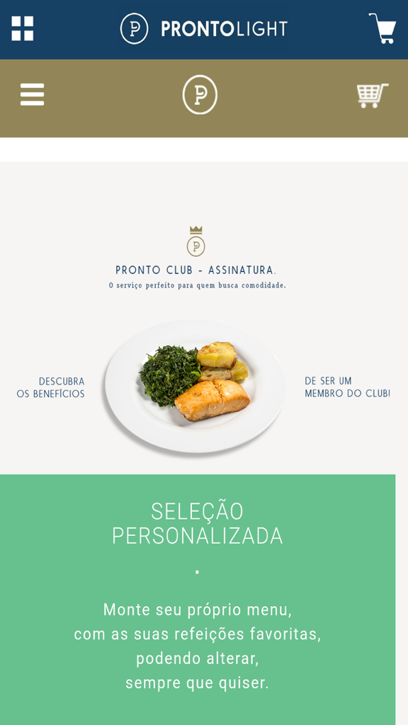 Pronto Light - Interface of the Pronto Light app showing a healthy salmon and vegetable dish with personalized menu options.