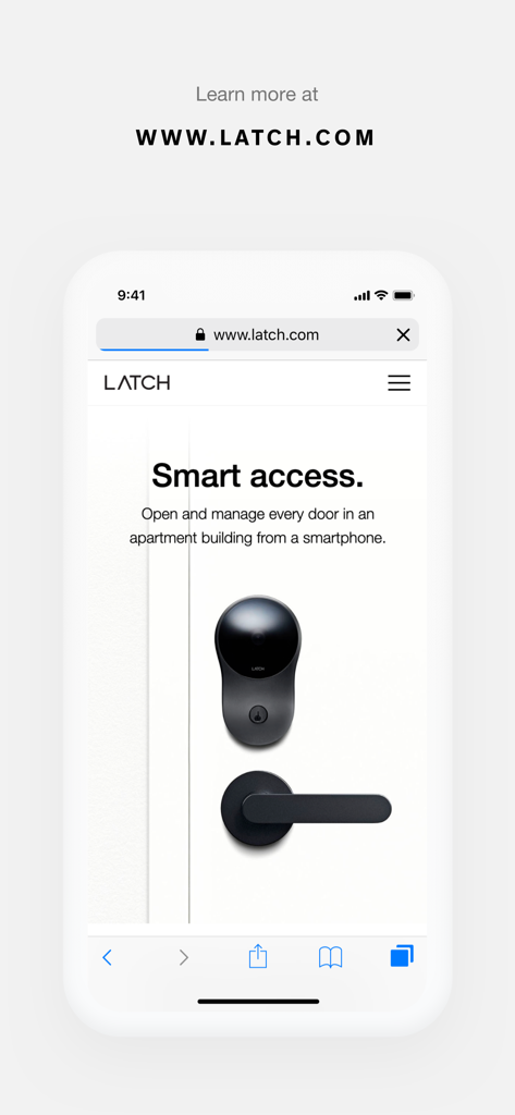 Latch App - A smartphone displaying the Latch website with a smart door lock and the text Smart access
