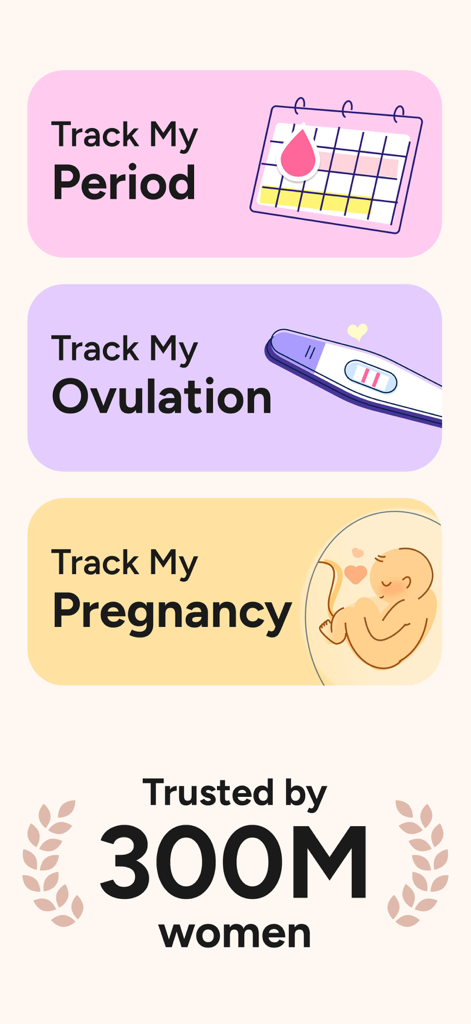 Graphic showing period ovulation and pregnancy tracking features of the Period Tracker app trusted by 300 million women