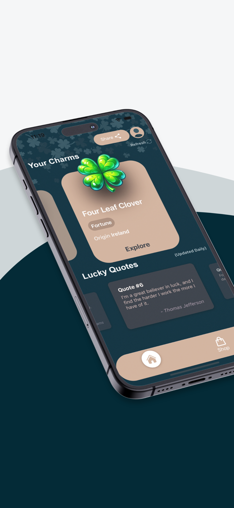 Lucky Charms App - Lucky Charms App displaying a Four Leaf Clover charm for fortune and a daily lucky quote.