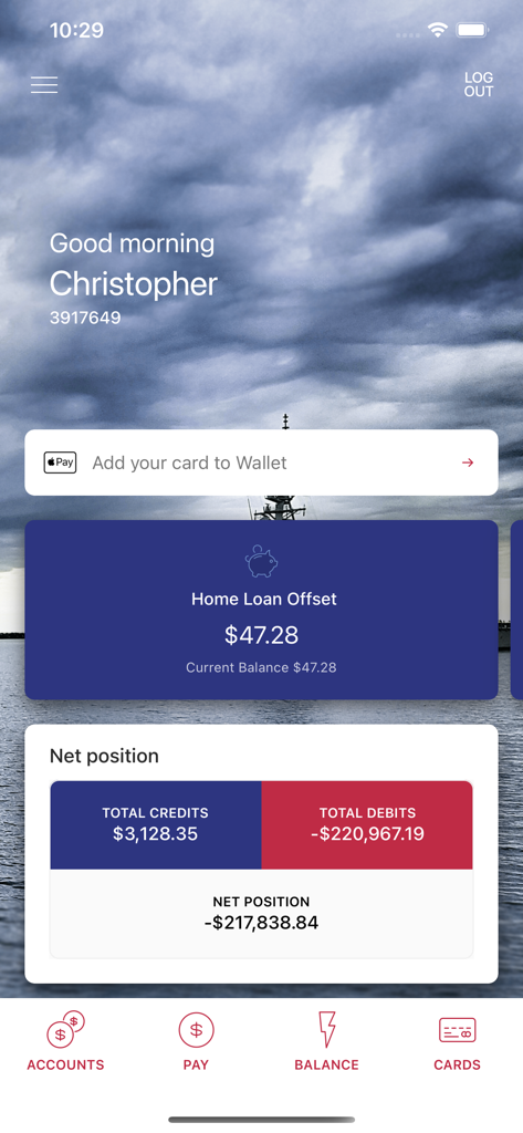 Dashboard der Defence Bank Mobile App mit Anzeige des Saldos für den Hypothekenausgleich und einer Zusammenfassung der Nettoposition