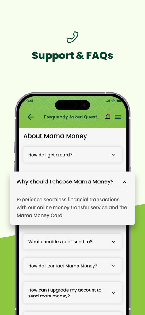 Mama Money - Send Money Home - Mama Money app Support and FAQs screen showing common user questions