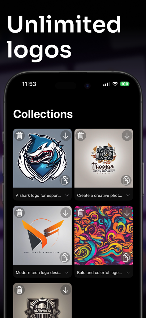AI Logo Design Brand Maker Art - Interface do aplicativo Star AI mostrando uma coleção de logos gerados personalizados para várias marcas de negócios.