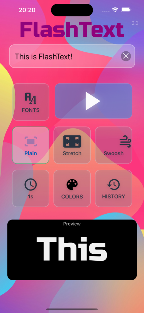 FlashText - FlashText app home screen with text input and animation settings