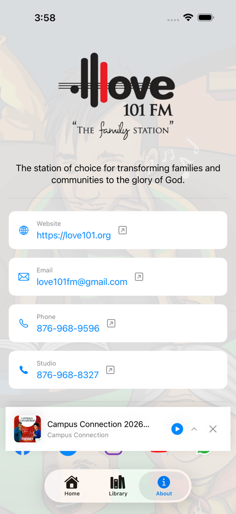Love 101 FM app about screen featuring station contact information and mission statement