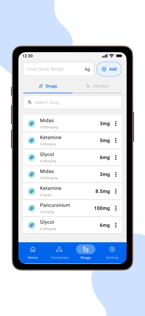 Dr. Med - Made Easy - Interface mobile de l'application Dr. Med montrant une liste de médicaments et des calculs de posologie basés sur le poids