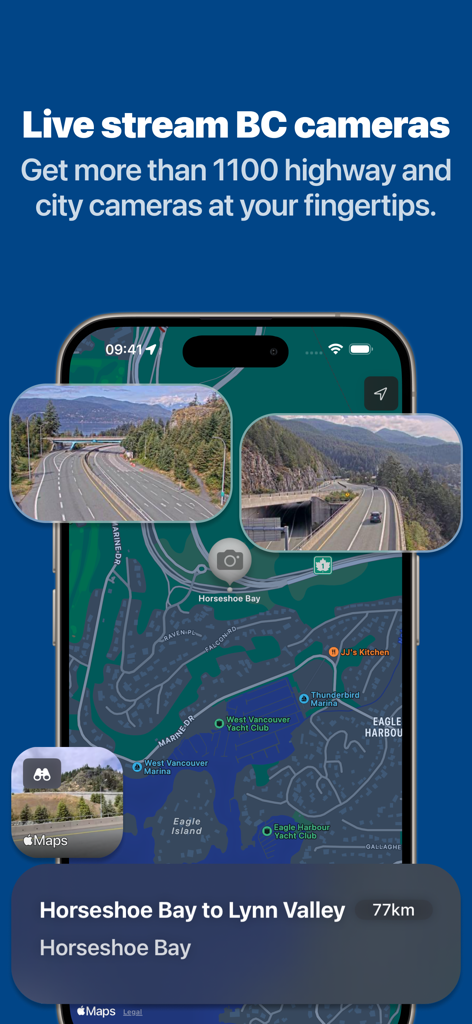 Interface of the British Columbia Road Cameras app showing a map with live highway camera snapshots and traffic conditions