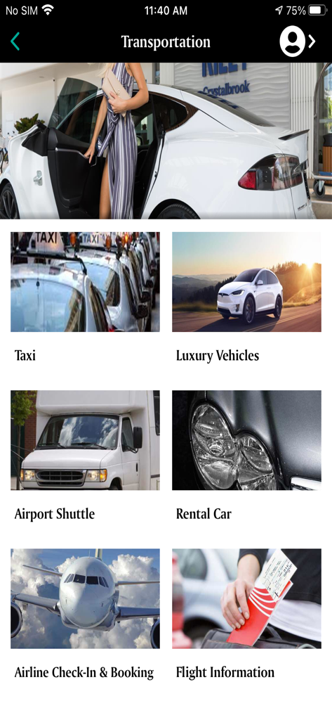 Crystalbrook - Pantalla de la aplicación Crystalbrook que muestra opciones de servicios de transporte y vuelos de lujo.