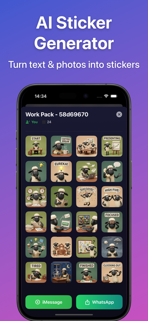 AI Emojis: New X Moji Creator - Interface do aplicativo gerador de adesivos de IA mostrando um pacote de emojis com tema de trabalho com personagens de ovelhas prontos para exportação para iMessage e WhatsApp