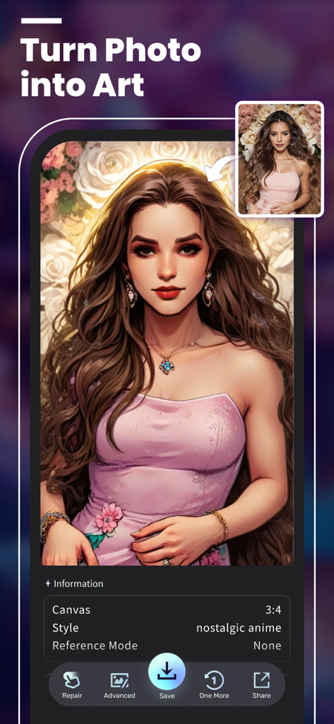 Interfaz de la aplicación UniDream AI mostrando una foto real transformada a un estilo de arte anime nostálgico.