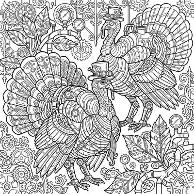 Unleash your creativity with this extraordinary coloring page featuring majestic wild turkeys reimagined in captivating steampunk style. Dive into a world of gears, brass, and Victorian fantasy as you bring these intricate birds to life with color.