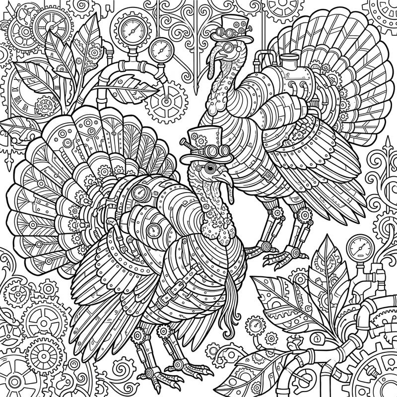 Unleash your creativity with this extraordinary coloring page featuring majestic wild turkeys reimagined in captivating steampunk style. Dive into a world of gears, brass, and Victorian fantasy as you bring these intricate birds to life with color.