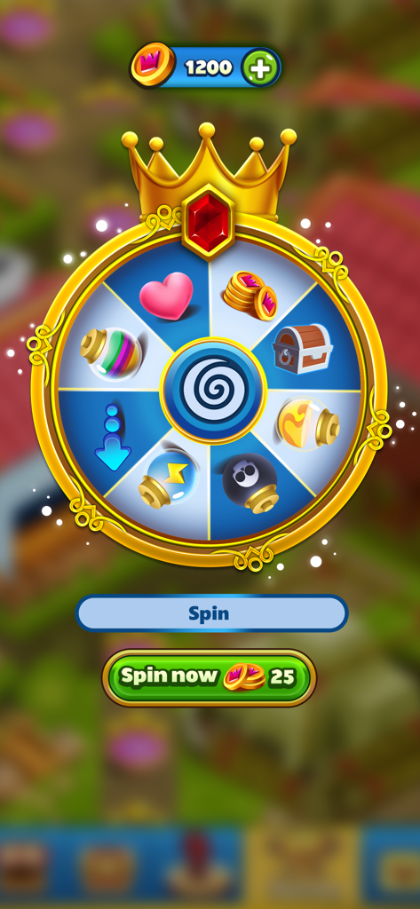 A golden prize wheel in the Princess Pop game showing daily rewards like coins and power ups