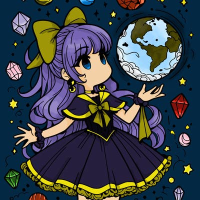 magical girl with floating orb in hand  crystals everywhere.