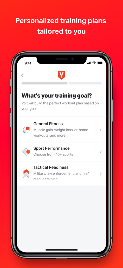 Volt app screen showing options to choose a training goal from General Fitness, Sport Performance, and Tactical Readiness.