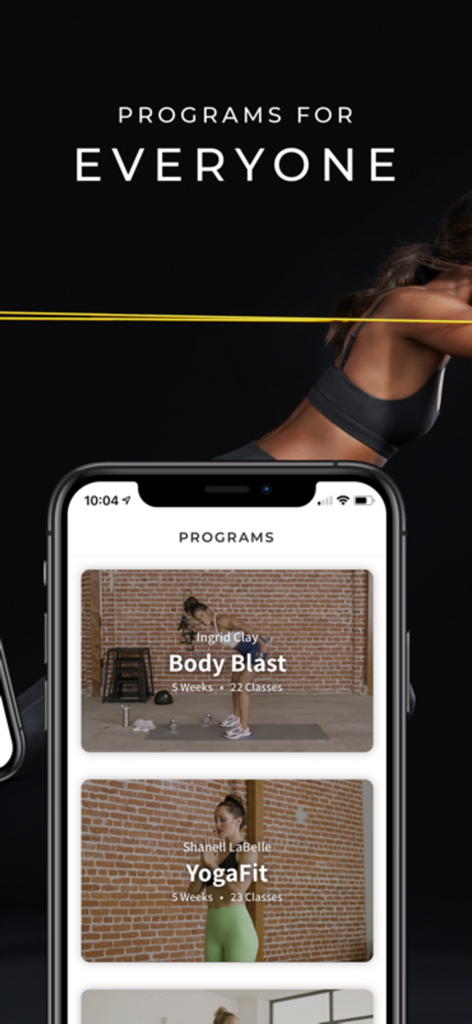 Fabletics FIT - Smartphone screen displaying Fabletics FIT fitness programs including Body Blast and YogaFit.