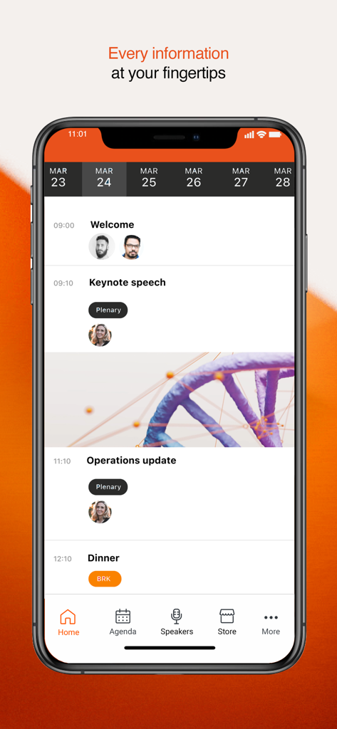 GSK events - Smartphone screen displaying a daily schedule for a GSK medical event with session titles and speaker photos.