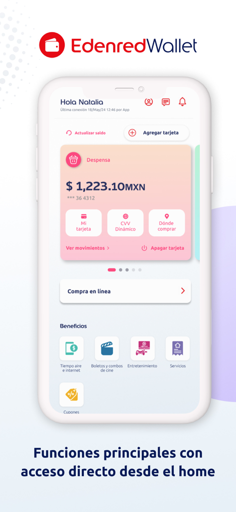 Edenred Wallet app home screen displaying account balance and services icons.