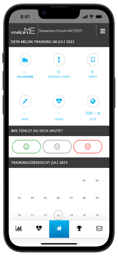 milon ME app dashboard showing monthly training statistics mood tracking and workout calendar