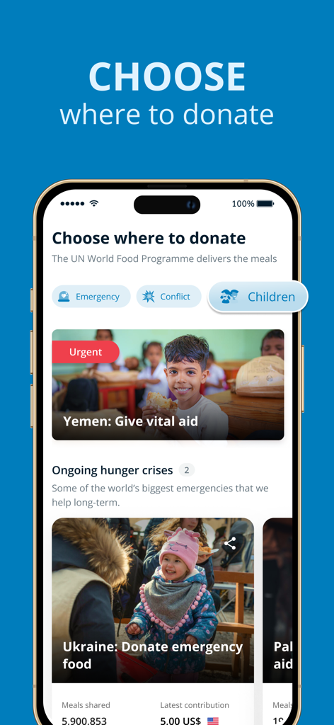 ShareTheMeal 앱 인터페이스: 예멘, 우크라이나 등 기부할 수 있는 다양한 글로벌 구호 대상 표시