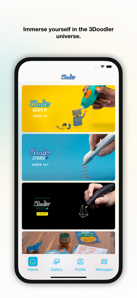 3Doodler - Home screen of the 3Doodler app featuring product categories for Start, Create, and Pro 3D pens.