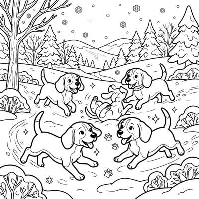 Dive into a heartwarming winter scene with playful Beagle puppies enjoying the fresh snow. This delightful coloring page captures the joy of the season and these lovable dogs.