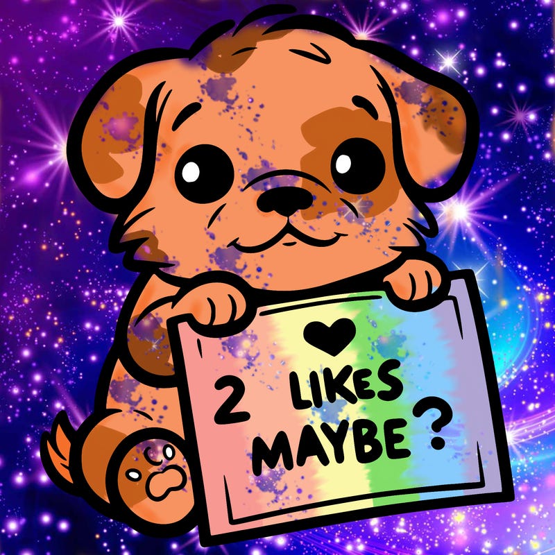 a puppy holding a sign that says 2 likes maybe?