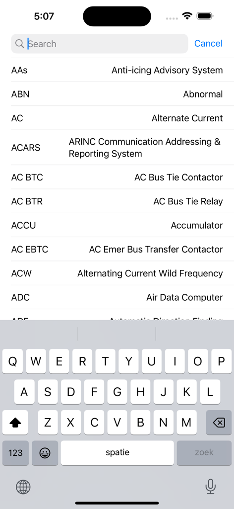A search screen within the AT72 app listing aviation abbreviations and their meanings