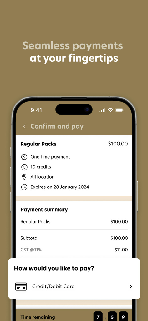 Luna & Sol: Pilates & Yoga - Luna and Sol app checkout screen for a ten credit pilates class pack