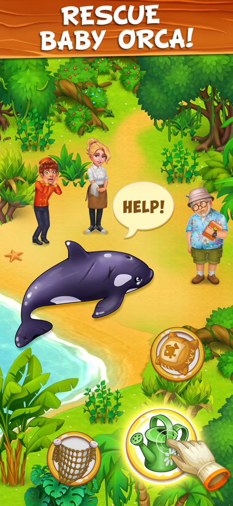 Family Farm - Farming Game - A screenshot from Family Farm game showing a rescue mission for a baby orca on a tropical beach with island characters.