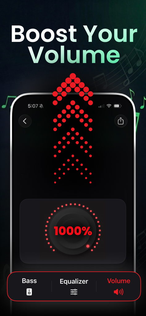 Volume Booster - Sound & Bass - Interface do aplicativo Volume Booster mostrando um aumento de nível de som de mil por cento