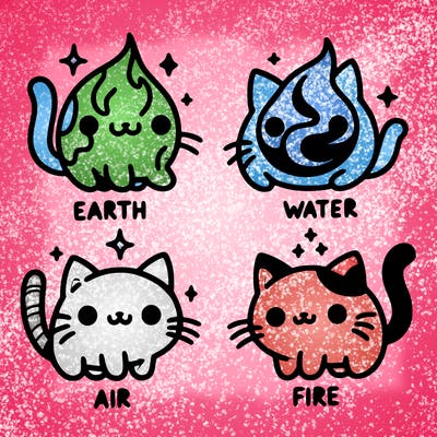 4 cats that represent the different elements, earth, water, air, and fire