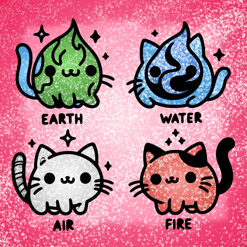4 cats that represent the different elements, earth, water, air, and fire
