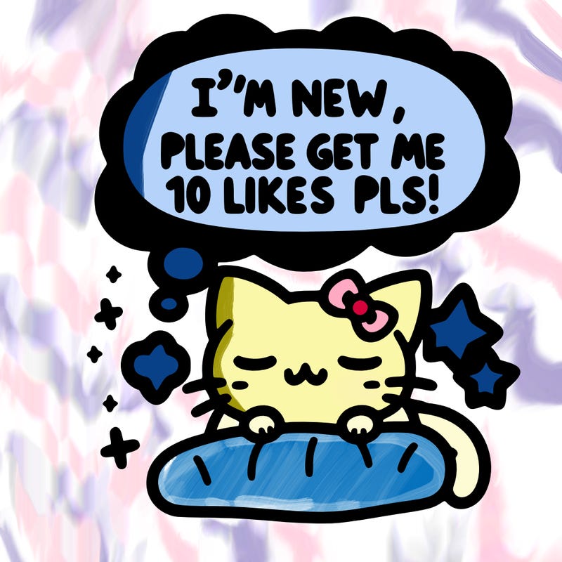 kitty taking a nap dream talking and saying "i'm new, please get me at least 10 likes pls!!"