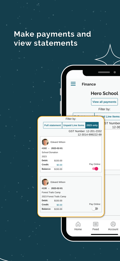 Hero by LINC-ED - Hero app finance screen showing school statements and online payment options